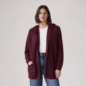Burgundy Hooded Open Front Cardigan Sweater XL Cozy Knit Pockets